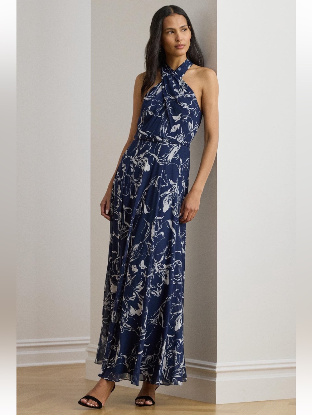 Lauren Ralph Lauren Lefora Floral Crinkle Georgette Max Dress Size 10 Navy Blue